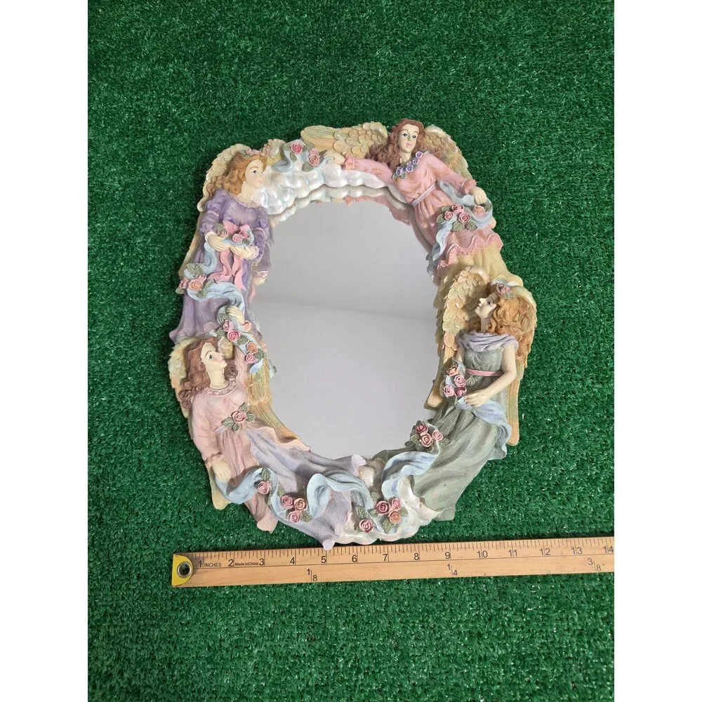 Vintage Jamy Inc. 3D Four Angels & Roses Oval Wall Mirror Shabby Chic Decor
